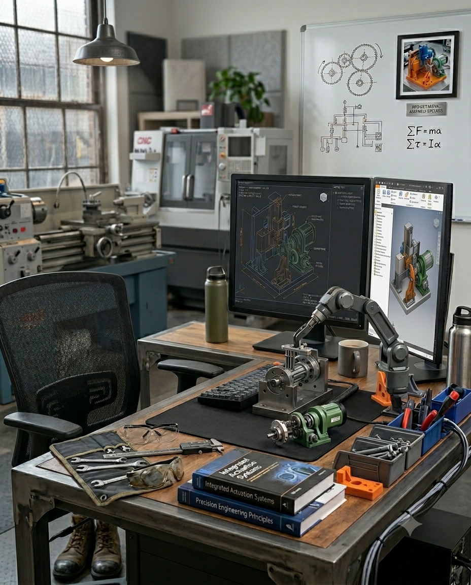 VectorEdge engineering workspace — CAD workstation, mechanical assembly and machine shop
